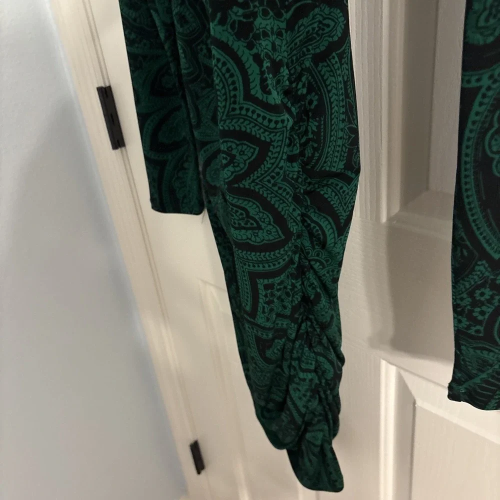 Michael Kors Paisley Rouched Side Dress Midi Cowl Green Black Bodycon Size Small